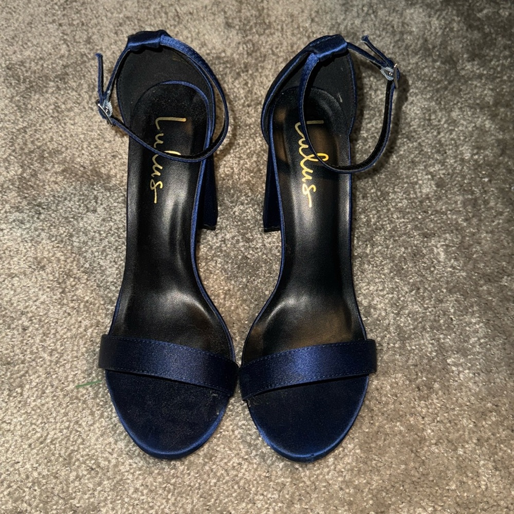 Lulu's Navy Satin Ankle-Strap Block Heels